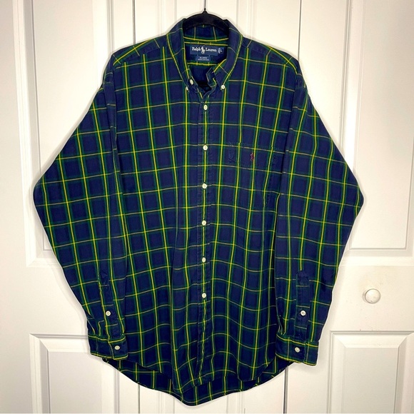 Vintage Ralph Lauren Blaire Blue Green Plaid Size Large Brown Horse Button Up - Picture 1 of 9